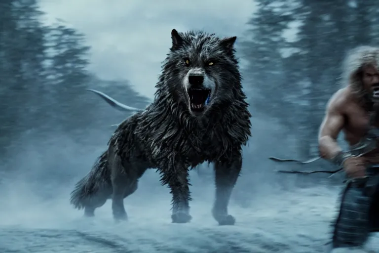 Image similar to still from a fantasy movie, a out of focus man in the foreground, facing a angry dire wolf, muted colors, action, 8 k, depth of field, cinematic, hyperrealistic, movie still frame, promotional image, imax 7 0 mm footage