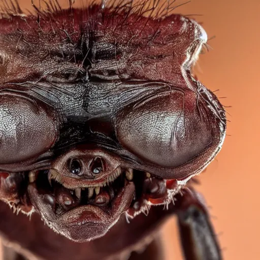 Image similar to Close-up of an angry human ant hybrid, creepy, unsettling, disturbing, hd