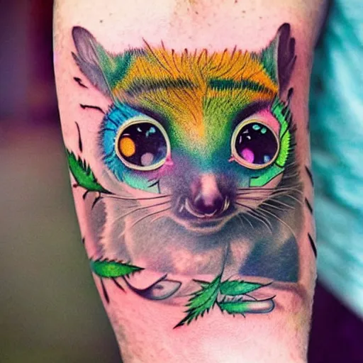 Image similar to shoulder tattoo of a multicolored trippy furry cute bushbaby with rainbow colored spiral eyes, surrounded with colorful shrooms and flowers, marihuana leaves, insanely integrate