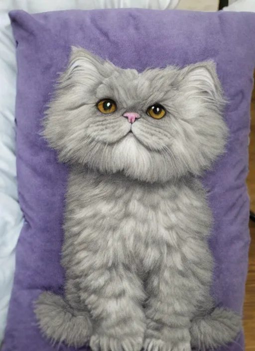 Prompt: on a plush bed of pillows regally sits a lovely pretty long lavender grey hair selkirk rex cat groomed and curly, glorious, encircled by a large diamonds realistic colored pencil rendering neo - classical, rule of thirds