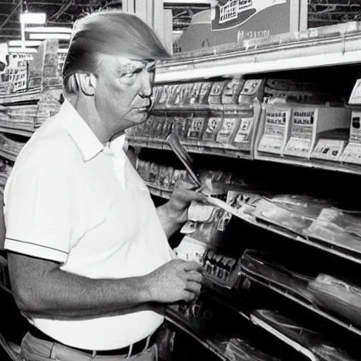 Image similar to Donald Trump working at Kmart in the 1980s, black and white photo,