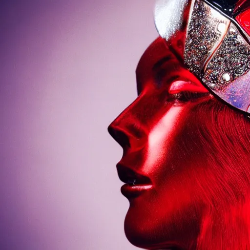 Image similar to close up of a female fashion model in year 3000 in a cave, model wearing a surreal Avant-garde helmet in red, dramatic lighting,photography , official Versace editorial , highly detailed