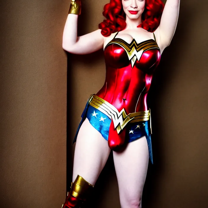 Image similar to professional full length photograph of christina hendricks as wonder woman. Extremely detailed. 8k