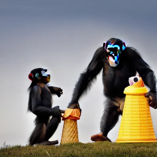 Image similar to a dslr 3 5 mm f 2 chimpanzee photograph of two chimpanzees!!! worshiping a giant ice cream cone sent by aliens that chimpanzees are worshiping, at dawn.