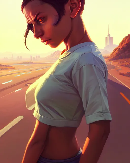 Prompt: hyper - realistic portrait of a cute alien, gta v cover art, celshading, sharp focus, intricate, detailed, rhads, andreas rocha, makoto shinkai, lois van baarle, ilya kuvshinov, greg rutkowski, dynamic lighting, grunge aesthetic, 4 k