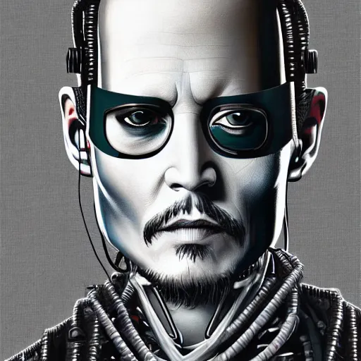 Prompt: johnny depp as a borg drone, tng, star trek, the borg, cybernetic implant, borg collective, hd, full length portrait, detailed face