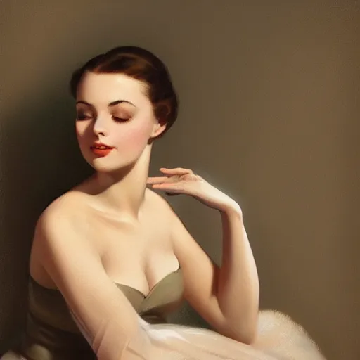 Prompt: portrait of a young woman, dreamy and ethereal, expressive pose, peaceful expression, elegant, highly detailed, digital painting, artstation, concept art, smooth, sharp focus, by gil elvgren by harry ekham