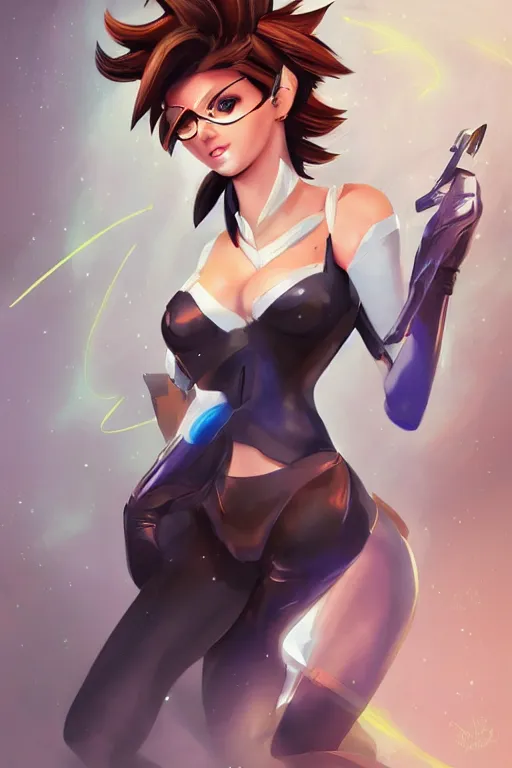 Prompt: pinup of tracer from overwatch, elegant, by rossdraws