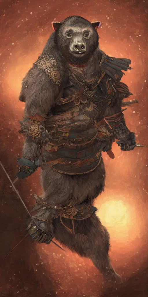 Prompt: Japanese moon bear anthropomorphized as a samurai, fantasy, intricate, highly detailed, digital painting, artstation, concept art, smooth, sharp focus, illustration