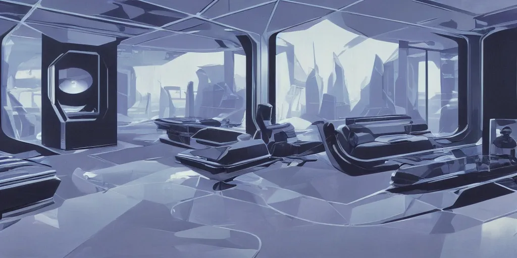 Image similar to a futuristic living room in gothic style with holograms all over, syd mead cinematic painting, 4 k