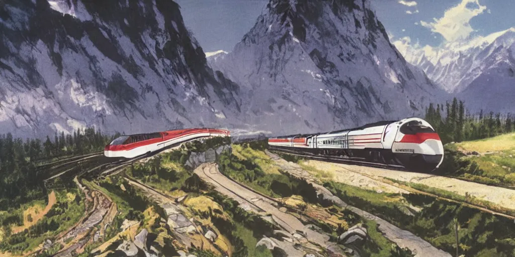 Prompt: concept art of a tgv speeding through an alpine valley, 1 9 8 0 s illustration, matte pale coloring, beautiful weather