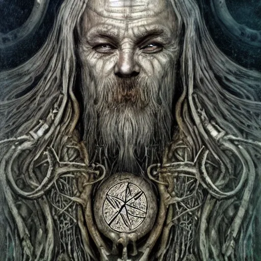 Image similar to viking north druid lich mermaid king wise old man god of death witch pagan face portrait, underwater, covered in runes, crown made of bones, necromancer, zdzisław beksinski, mikhail vrubel, hr giger, gustav klimt, symmetry, mystical occult symbol in real life, high detail