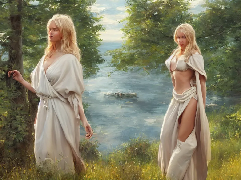 Image similar to blonde female jedi, Swedish countryside, landscape view, archipelago, painting by Vladimir Volegov, wlop, artstation