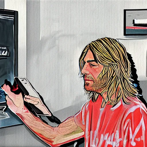 Image similar to digital painting of kurt cobain buying an expensive nft