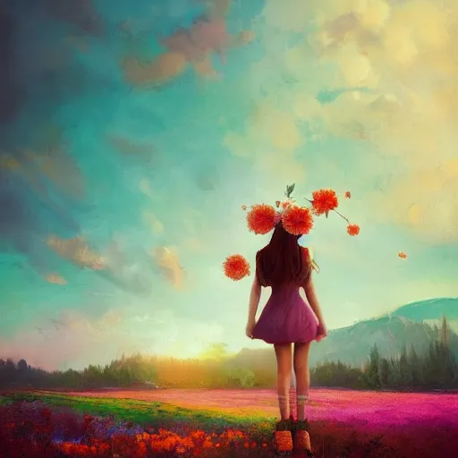 Image similar to girl with a flower head, surreal photography, dream, standing in flower field, magical, in a valley, sunrise dramatic light, impressionist painting, colorful clouds, artstation, simon stalenhag