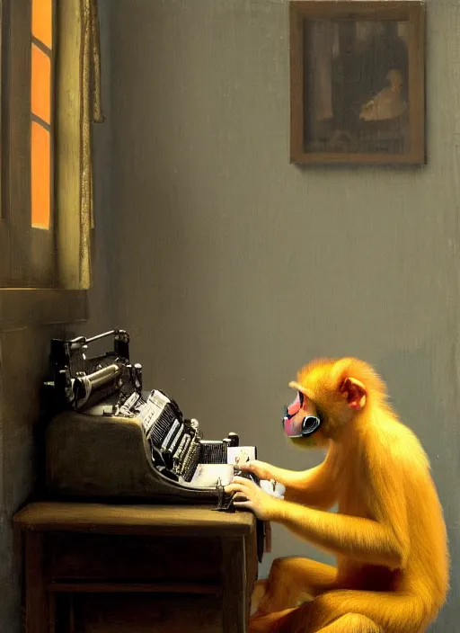 Image similar to medium shot, cinematic, cute orange monkey is typing on the typewriter, enhancements, soft lighting, by john ward, by arthur walker, by vermeer, by monet, oil on canvas, royal academy, masterpiece, trending on artstation, cinematic composition, dramatic pose, beautiful lighting, sharp, details, hyper - detailed, hd