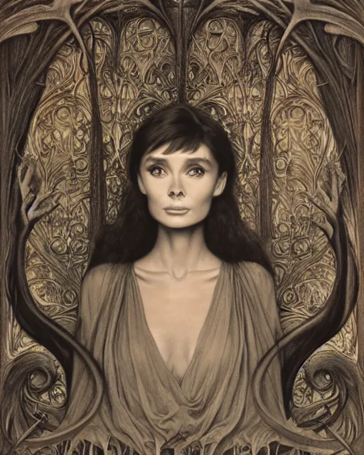 Image similar to matte painting portrait shot, beautiful audrey hepburn as a witch,, detailed and intricate by jean delville, gustave dore and marco mazzoni, art nouveau, symbolist, visionary, gothic