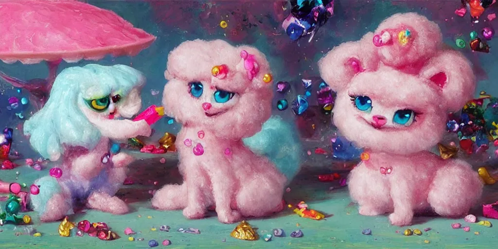 Image similar to bubble gum ice cream made in the shape of 3 d littlest pet shop poodle, realistic, melting, soft painting, forest, desserts, ice cream, glitter, master painter and art style of noel coypel, art of emile eisman - semenowsky, art of edouard bisson