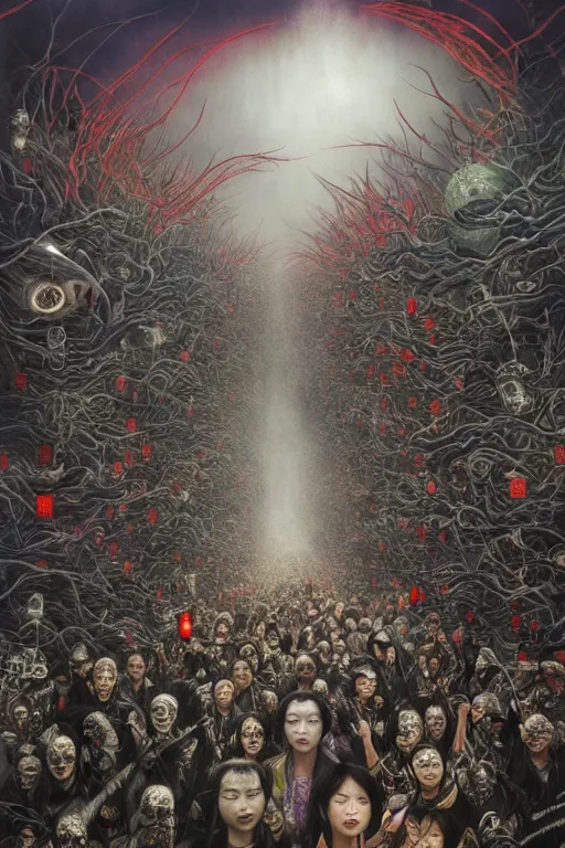 Prompt: 中 国 鬼 节, long procession of the dead is queuing up on the naihe bridge. psychedelic lights and fog, zdzislaw, ayami kojima, yamamoto, barclay shaw, karol bak, hyperrealist, 8 k