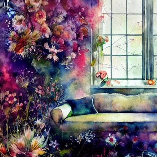 Image similar to watercolor living room with flowers, by anna dittmann, agnes cecile, william turner