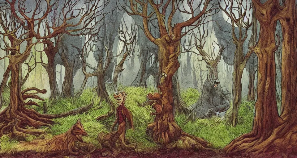 Image similar to Enchanted and magic forest, by Raymond Briggs