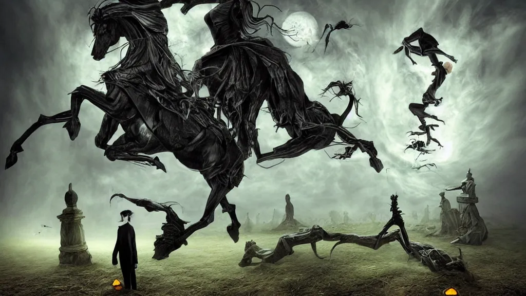 Image similar to halloween headless horseman theme surrealist art in the styles of igor morski, jim warren, and a tim burton film, intricate, hyperrealistic, volumetric lighting