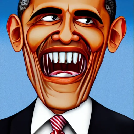 Prompt: disturbing evil looking horror caricature of obama with sharp teeth