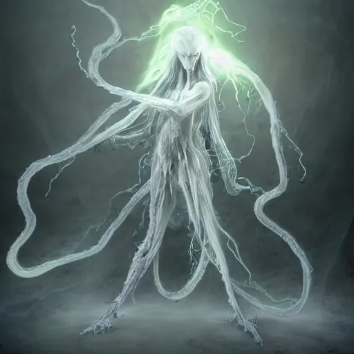 Image similar to concept designs for an ethereal ghostly wraith like figure made from wispy billowing smoke and sparks of electricity with a squid like parasite latched onto its head and long tentacle arms that flow lazily but gracefully at its sides like a cloak while it floats around a frozen rocky tundra in the snow searching for lost souls and that hides amongst the shadows in the trees, this character has hydrokinesis and electrokinesis for the resident evil village video game franchise with inspiration from kraang from the teenage mutant ninja turtle franchise and Bloodborne and the mind flayer from stranger things on netflix in the style of a marvel comic