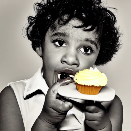 Prompt: a strikingly realistic portrait of little richard eating a cupcake