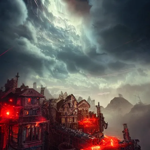 Image similar to a flying steampunk fortress, intricate, behrens style, octane render, fantasy digital art, beautiful composition, trending on artstation, night, meteors, lightning!!! storm, dramatic lighting, red glow, eldritch