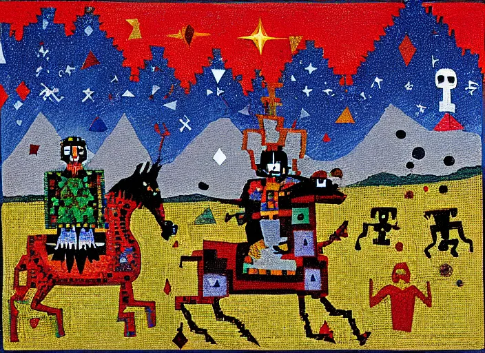 Prompt: pixel decollage painting tarot lovers card composition tower of babel road red armor maggot bear and wonky vampire clown skeleton knight on a horse in a dark red cloudy night sky with golden foil jewish stars and diamonds, mountain lake and blossoming field in background, painted by Mark Rothko, Helen Frankenthaler, Danny Fox and Hilma af Klint, pixelated, neo expressionism, semi naive, pastel colors, cinematic, color field painting, cave painting, voxel, pop art look, outsider art, minimalistic. Bill Traylor painting, part by Philip Guston, Amano and Francis Bacon. art by Adrian Ghenie and Storm Thorgerson, very coherent symmetrical artwork, cinematic, hyper realism, high detail, octane render, unreal engine, Smooth gradients, depth of field, full body character drawing, extremely detailed, 8k, extreme detail, intricate detail, masterpiece