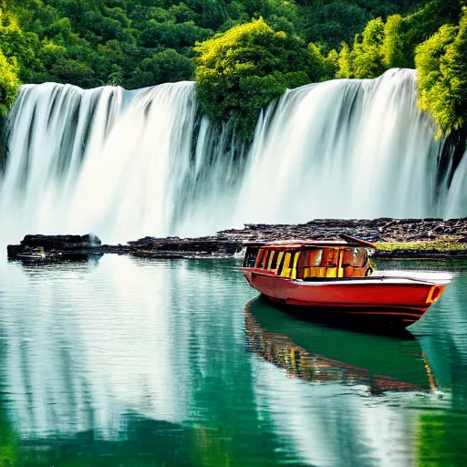 Prompt: modern boat floating on a lake, waterfalls in the background, water reflections, very detailed photography, 4K, wallpaper, beautiful natural scenery