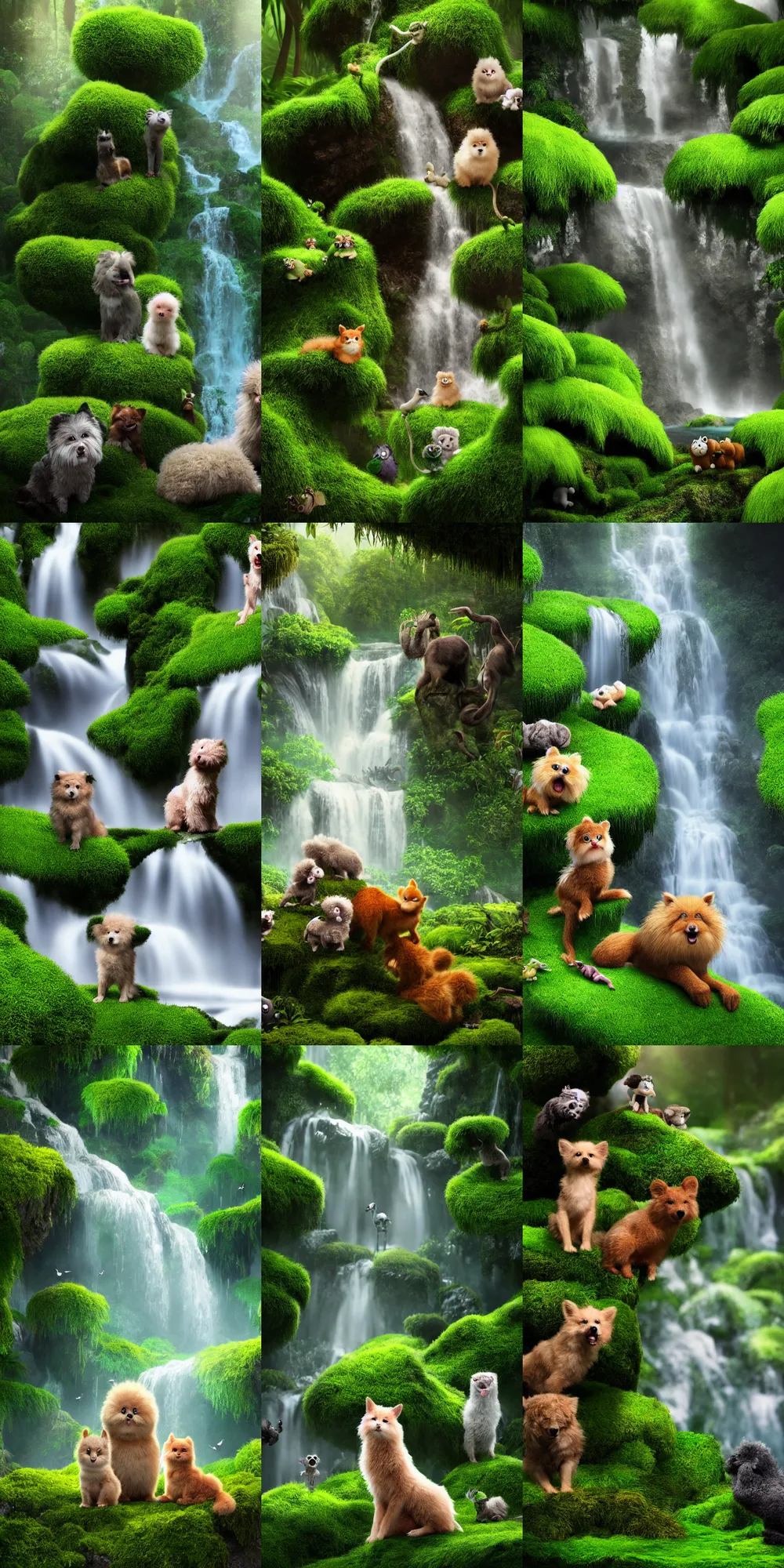 Prompt: photorealistic wide shot focus portrait of several cute fluffy creatures posing, under waterfall, jungle, green moss, bokeh, inspired by Tim Burton, octane render, unreal engine 4k, volumetric lighting, mist, twilight, detailed