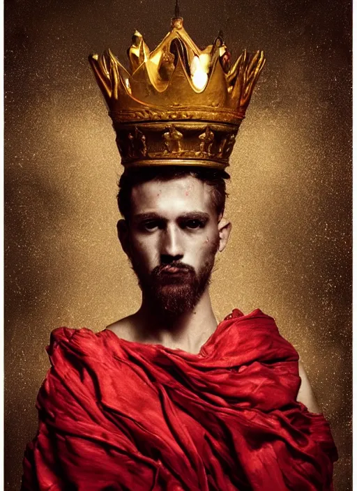 Image similar to 'Portrait of Crowned King Arthur' by Lee Jeffries royally decorated, whirling plasma, atmospheric motes, red and gold Sumptuous garb, gilt silk fabric, radiant colors, fantasy, perfect lighting, studio lit, micro details,