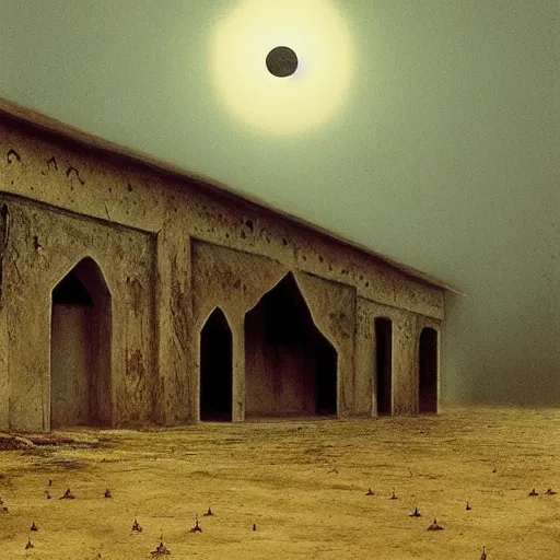 Prompt: a big mosque in a Village, horror, fog, foster, highly detailed, one house, fear, dark inside, black garb figures,eerie sun eclipse,hyper realistic, atmospheric lighting, beksinski