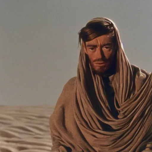 Prompt: peter o'toole as muadib, film still, 7 0 mm, lawrence of arabia, dune