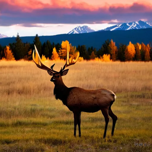 Image similar to statuesque elk in front of the Rocky Mountains at dawn, realistic, photograph, high quality, ultraHD, award winning, national geographic