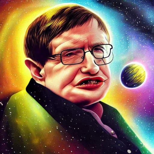 Prompt: stephen hawking with space in the background, universe, galaxies, planets, black hole, by anato finnstark