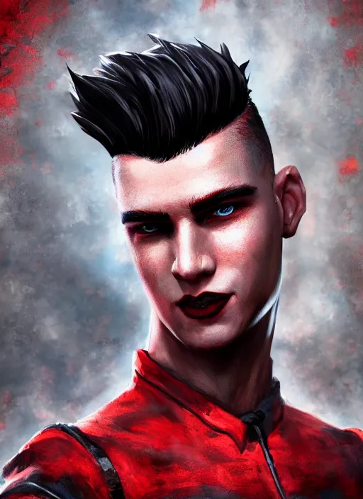 Image similar to An epic fantasy comic book style portrait painting of a young man with black and red undercut haircut, wearing a red shirt, black overcoat, blue jeans. Unreal 5, DAZ, hyperrealistic, octane render, cosplay, RPG portrait, dynamic lighting