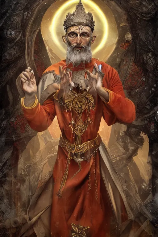 Prompt: the hierophant from major arcana character concept art, digital painting, mixed media, trending on artstation and deviantart, epic composition, magnum opus, highly detailed, 8 k