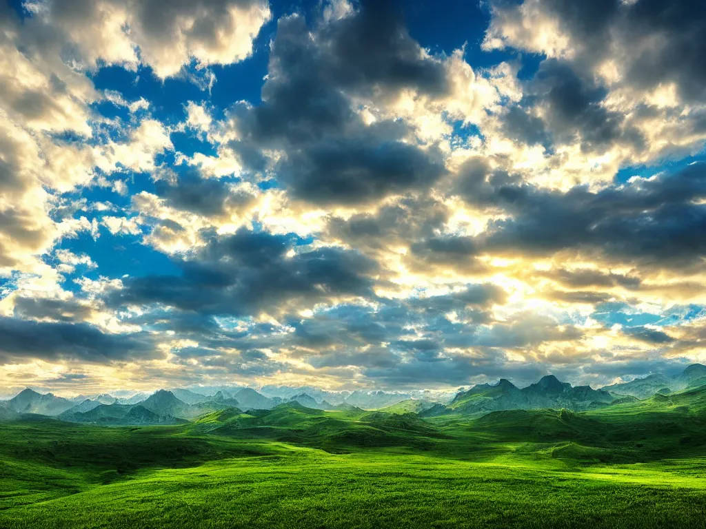 Image similar to windows bliss wallpaper, green hill, blue partly cloudy sky, 4 k, highly detailed, professional photography, by marc adamus