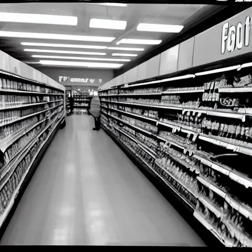 Prompt: surveillance footage of an empty supermarket at night, black - and - white recording