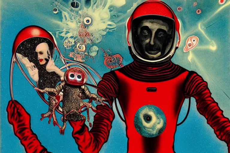 Prompt: the last astronaut red and black suit, holding a small alien corpse with only one hand, walking in post-apocalyptic Neptune Hills, style hybrid mix of Jirí Petr+Romi Lerda+ Sandra Pelser,Yves Tanguy+ Alphonse Mucha+ Ernst Haeckel+ Edward Robert Hughes+Stanisław Szukalski , moody colors,diamond dust glitter and sparkles, holographic krypton ion,red eyes,octane render,4k, ighly detailed, hyperrealism, excellent composition, cinematic concept art, dramatic lighting, trending on ArtStation