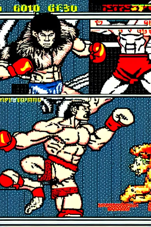 Image similar to extreme long shot. 8 bit nes graphics. hermann nitschantropomorphic muscular masculine wolf. kickboxer fighter, in shorts. wolf head. art from nes game cartridge,