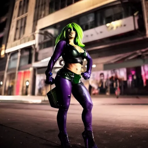 Image similar to Jessica Nigri as She Hulk on the street in New York City at night, Lights are on down the street, light fog in the backround, cinematic, realistic, detailed