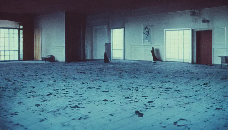 Image similar to 60s movie still of a white japanese female phantoms bloody in an empty soviet stalinist style ballroom with blue beds, cinestill 800t 35mm technicolor, heavy grain, high quality, higly detailed, liminal space