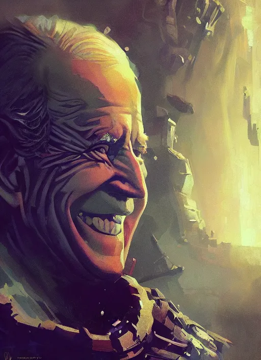 Prompt: Joe Biden grinning all powerful emperor of the world, high contrast, cosmic horror, abstract, masterpiece, trending on ArtStation, by Greg Rutkovski and by Craig Mullins and by David Cronenberg and by Ismail Inceoglu, dark