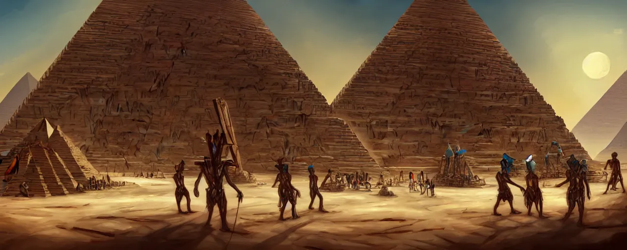 Image similar to an intricate concept art of alien slaves building the egyptian pyramid, concept art, style by dylan cole and tyler edlin and feng zhu, cinematic