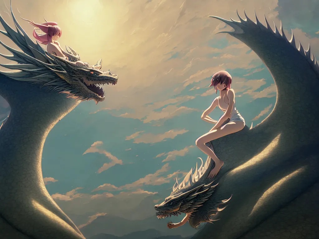 Image similar to a vast scene, panorama distant view, hyper detailed scene render of a beautiful girl sit on a huge silver dragon back, in the white clouds fairyland, finely detailed angelic face, style of makoto shinkai, xision, james jean and peter mohrbacher, studio ghibli, artgerm, karol bak, beeple, 4 k hd, animation style