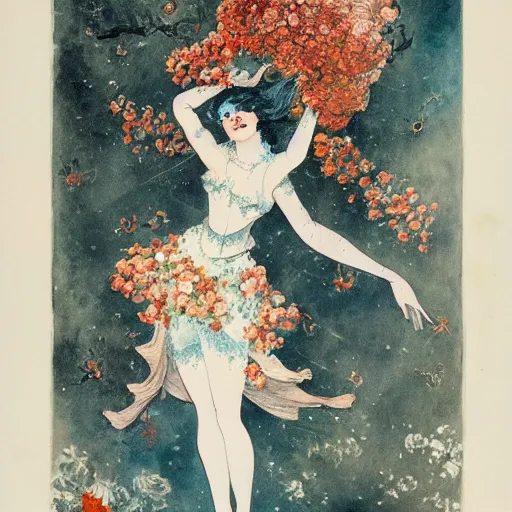 Prompt: Louis Icart, an old elaborate painting of an abstract robot tornado made entirely out of flowers coming out of her head, highly detailed, masterpiece - H 704